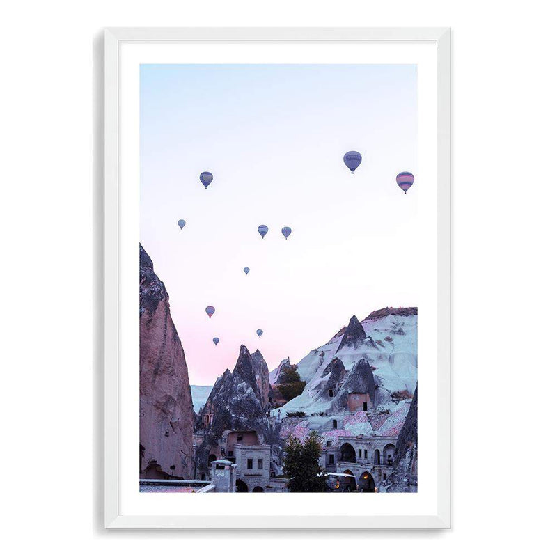 Balloons Over Cappadocia-The Paper Tree-architecture,balloons,cappodocia,city,destination,horizon,hot air balloons,mountains,pink,portrait,premium art print,purple,sunset,town,travel,turkey,villa,wall art,Wall_Art,Wall_Art_Prints