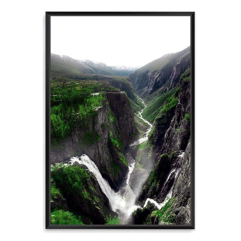 Voringsfossen Waterfall-The Paper Tree-botanical,green,hills,hordaland,lush,mabodalen,mist,mountains,nature,norway,Portrait,premium art print,river,stream,view,voringsfossen,voringsfossen waterfall,wall art,Wall_Art,Wall_Art_Prints,water,waterfall