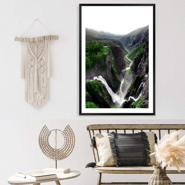 Voringsfossen Waterfall-The Paper Tree-botanical,green,hills,hordaland,lush,mabodalen,mist,mountains,nature,norway,Portrait,premium art print,river,stream,view,voringsfossen,voringsfossen waterfall,wall art,Wall_Art,Wall_Art_Prints,water,waterfall