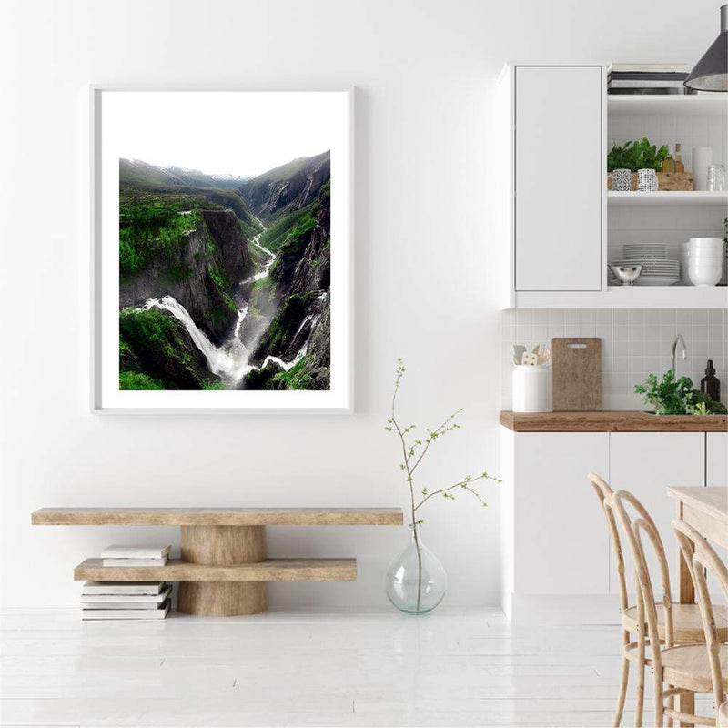 Voringsfossen Waterfall-The Paper Tree-botanical,green,hills,hordaland,lush,mabodalen,mist,mountains,nature,norway,Portrait,premium art print,river,stream,view,voringsfossen,voringsfossen waterfall,wall art,Wall_Art,Wall_Art_Prints,water,waterfall