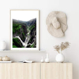 Voringsfossen Waterfall-The Paper Tree-botanical,green,hills,hordaland,lush,mabodalen,mist,mountains,nature,norway,Portrait,premium art print,river,stream,view,voringsfossen,voringsfossen waterfall,wall art,Wall_Art,Wall_Art_Prints,water,waterfall