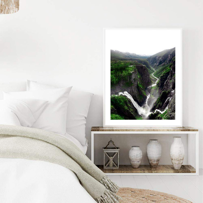 Voringsfossen Waterfall-The Paper Tree-botanical,green,hills,hordaland,lush,mabodalen,mist,mountains,nature,norway,Portrait,premium art print,river,stream,view,voringsfossen,voringsfossen waterfall,wall art,Wall_Art,Wall_Art_Prints,water,waterfall