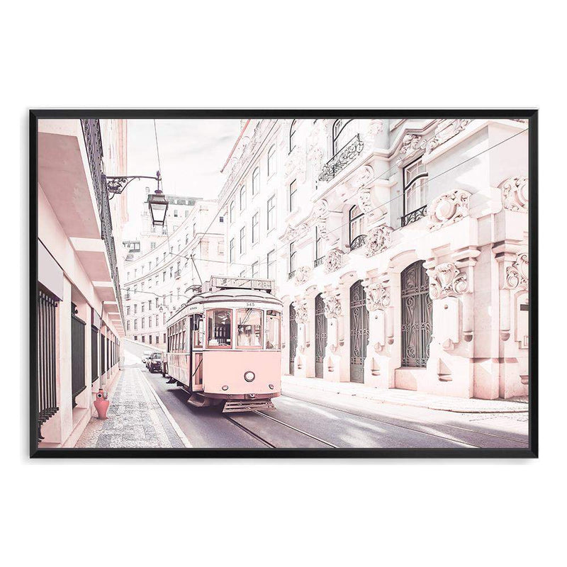 Pink Tram-The Paper Tree-alley,architectural,architecture,building,city,destination,fashion,landscape,lane,lisbon,pastel,peach,pink,portugal,premium art print,road,street,tram,travel,wall art,Wall_Art,Wall_Art_Prints