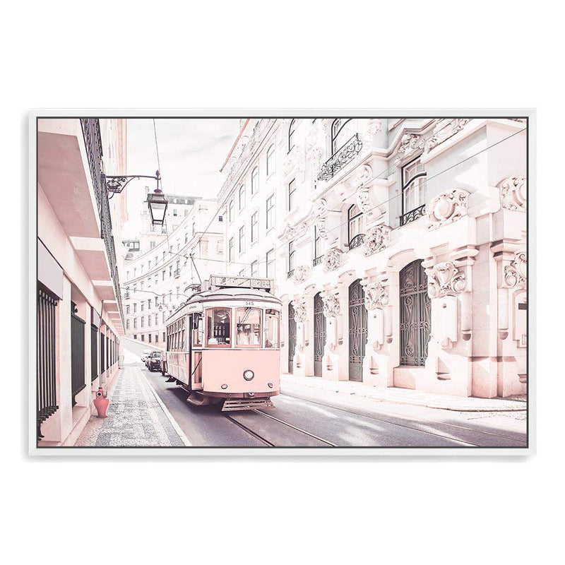 Pink Tram-The Paper Tree-alley,architectural,architecture,building,city,destination,fashion,landscape,lane,lisbon,pastel,peach,pink,portugal,premium art print,road,street,tram,travel,wall art,Wall_Art,Wall_Art_Prints