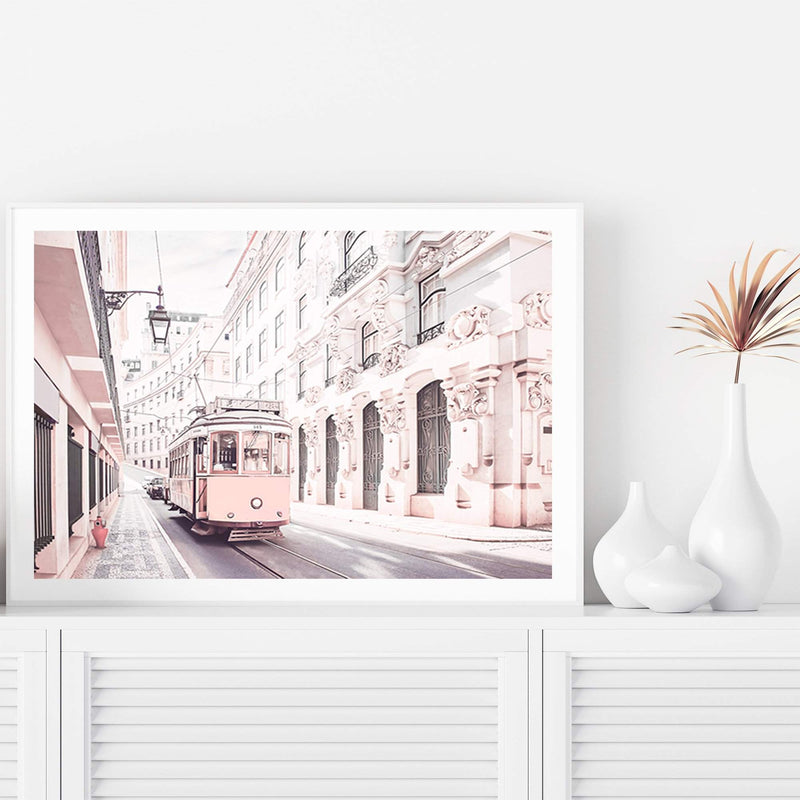 Pink Tram-The Paper Tree-alley,architectural,architecture,building,city,destination,fashion,landscape,lane,lisbon,pastel,peach,pink,portugal,premium art print,road,street,tram,travel,wall art,Wall_Art,Wall_Art_Prints