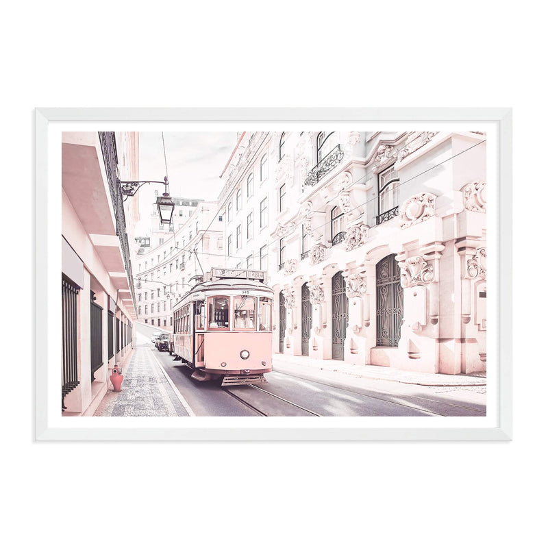 Pink Tram-The Paper Tree-alley,architectural,architecture,building,city,destination,fashion,landscape,lane,lisbon,pastel,peach,pink,portugal,premium art print,road,street,tram,travel,wall art,Wall_Art,Wall_Art_Prints