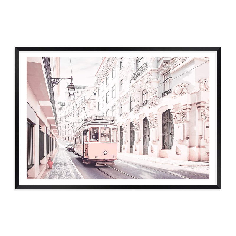 Pink Tram-The Paper Tree-alley,architectural,architecture,building,city,destination,fashion,landscape,lane,lisbon,pastel,peach,pink,portugal,premium art print,road,street,tram,travel,wall art,Wall_Art,Wall_Art_Prints