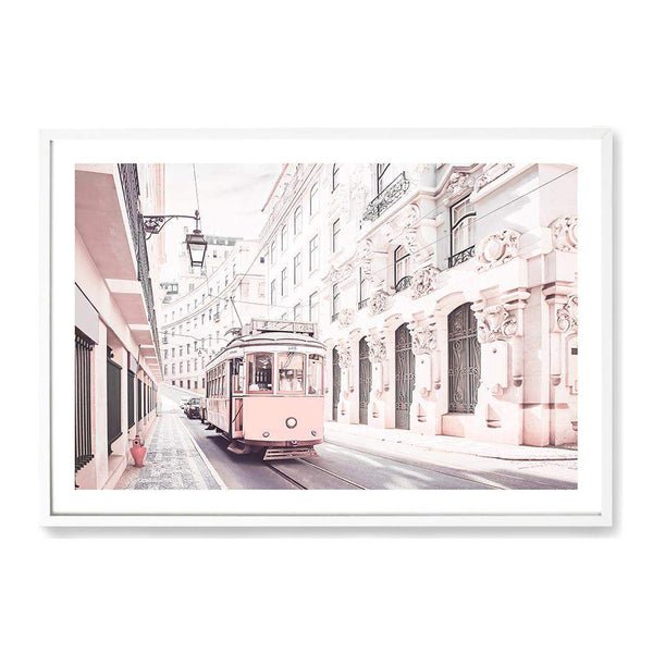 Pink Tram-The Paper Tree-alley,architectural,architecture,building,city,destination,fashion,landscape,lane,lisbon,pastel,peach,pink,portugal,premium art print,road,street,tram,travel,wall art,Wall_Art,Wall_Art_Prints