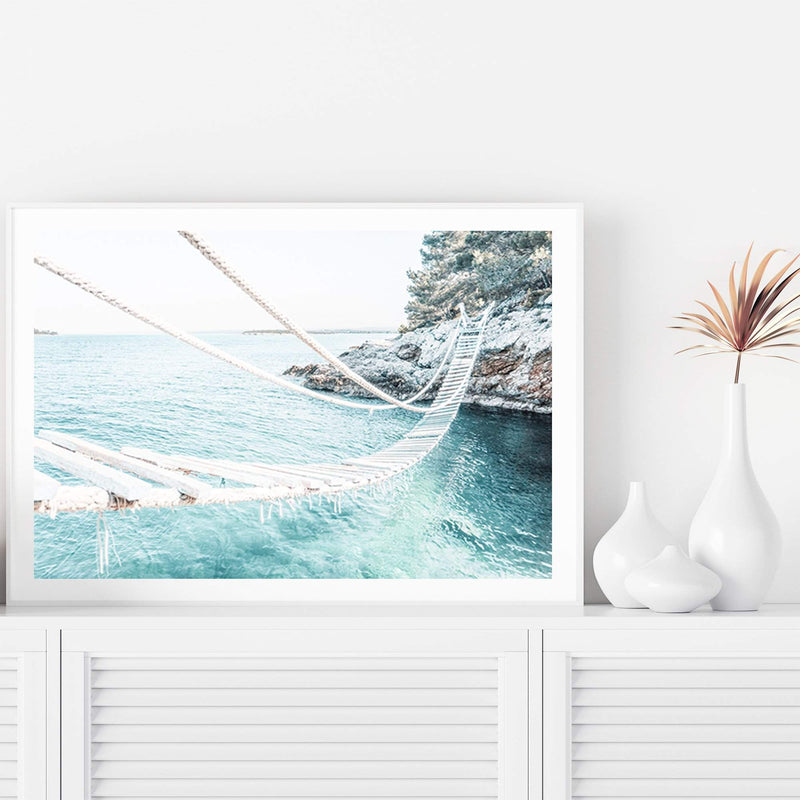 Coastal Rope Bridge-The Paper Tree-beach,boho,bridge,coast,coastal,hamptons,island,isle,landscape,ocean,premium art print,rope bridge,teal,wall art,Wall_Art,Wall_Art_Prints,water