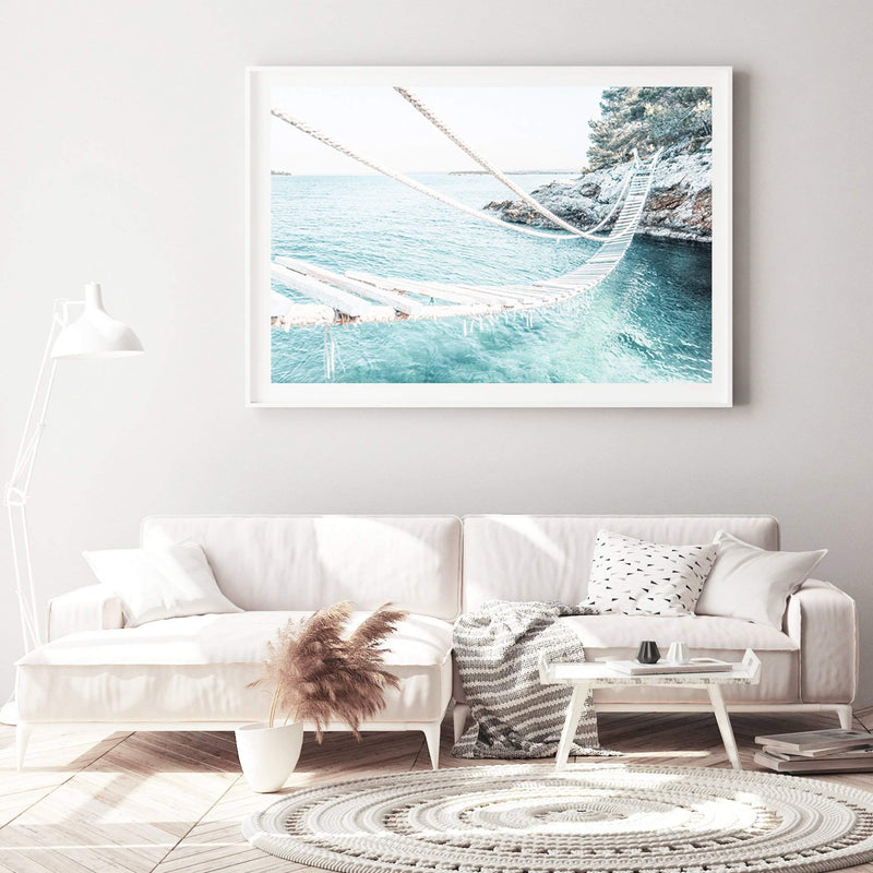 Coastal Rope Bridge-The Paper Tree-beach,boho,bridge,coast,coastal,hamptons,island,isle,landscape,ocean,premium art print,rope bridge,teal,wall art,Wall_Art,Wall_Art_Prints,water