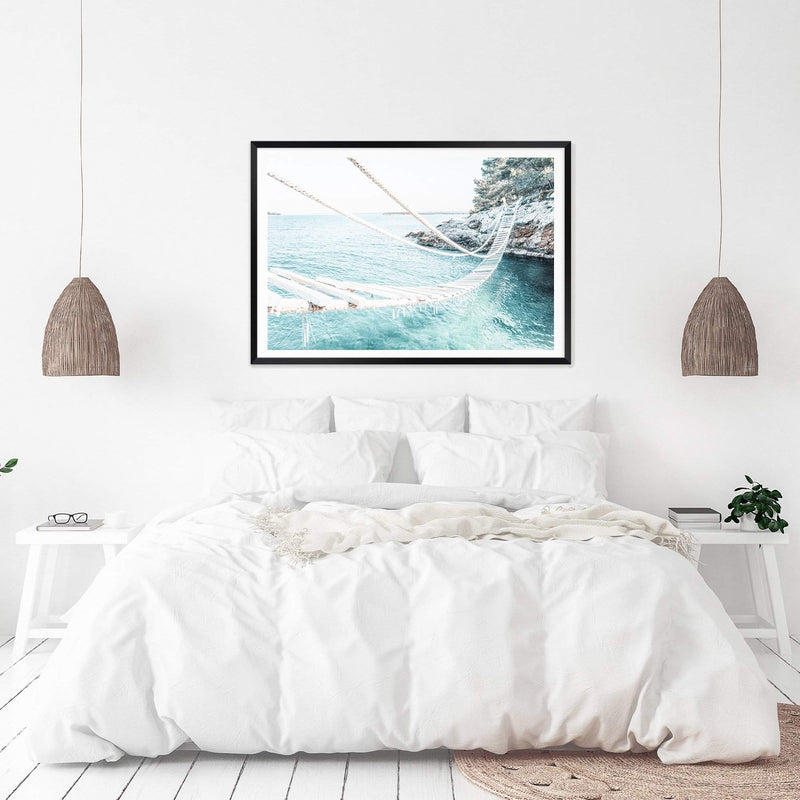 Coastal Rope Bridge-The Paper Tree-beach,boho,bridge,coast,coastal,hamptons,island,isle,landscape,ocean,premium art print,rope bridge,teal,wall art,Wall_Art,Wall_Art_Prints,water