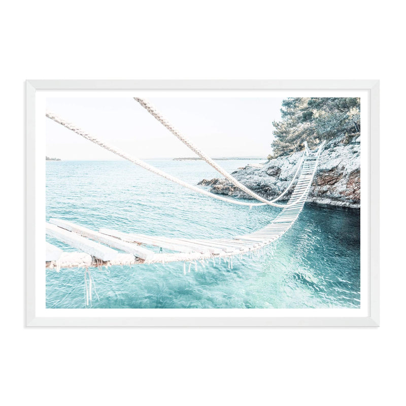 Coastal Rope Bridge-The Paper Tree-beach,boho,bridge,coast,coastal,hamptons,island,isle,landscape,ocean,premium art print,rope bridge,teal,wall art,Wall_Art,Wall_Art_Prints,water