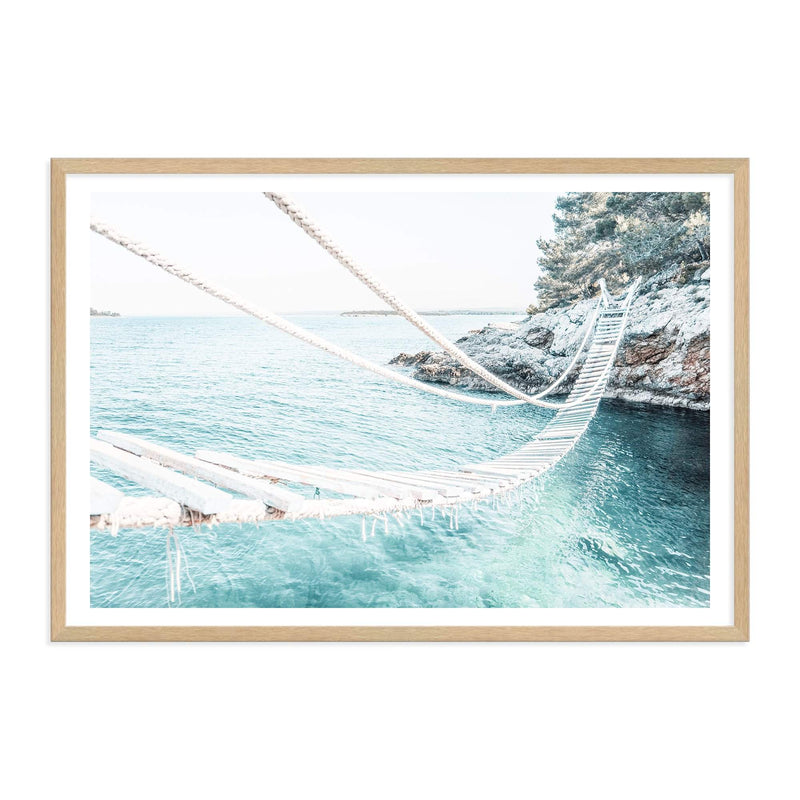 Coastal Rope Bridge-The Paper Tree-beach,boho,bridge,coast,coastal,hamptons,island,isle,landscape,ocean,premium art print,rope bridge,teal,wall art,Wall_Art,Wall_Art_Prints,water