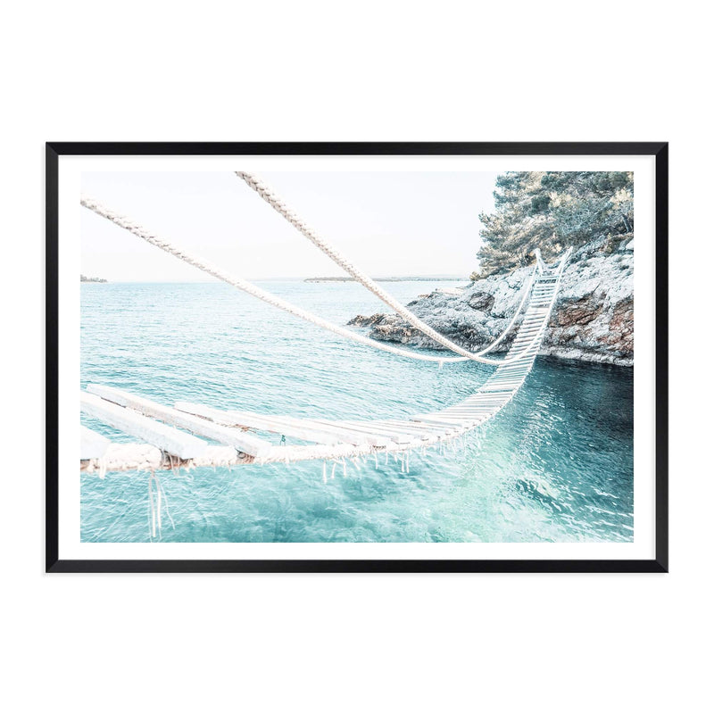 Coastal Rope Bridge-The Paper Tree-beach,boho,bridge,coast,coastal,hamptons,island,isle,landscape,ocean,premium art print,rope bridge,teal,wall art,Wall_Art,Wall_Art_Prints,water