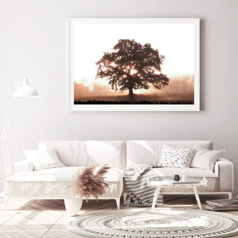 Tree In The Dawn Sunlight-The Paper Tree-beams,farm,landscape,mist,nature,orange,premium art print,sheep,sun,sun beam,sun ray,sun rays,sunlight,TAN,tree,trees,wall art,Wall_Art,Wall_Art_Prints