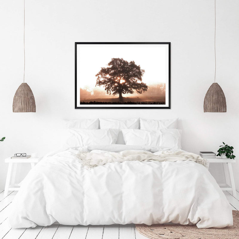 Tree In The Dawn Sunlight-The Paper Tree-beams,farm,landscape,mist,nature,orange,premium art print,sheep,sun,sun beam,sun ray,sun rays,sunlight,TAN,tree,trees,wall art,Wall_Art,Wall_Art_Prints