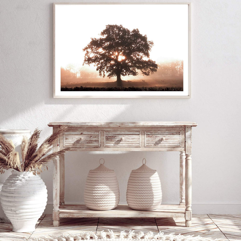 Tree In The Dawn Sunlight-The Paper Tree-beams,farm,landscape,mist,nature,orange,premium art print,sheep,sun,sun beam,sun ray,sun rays,sunlight,TAN,tree,trees,wall art,Wall_Art,Wall_Art_Prints