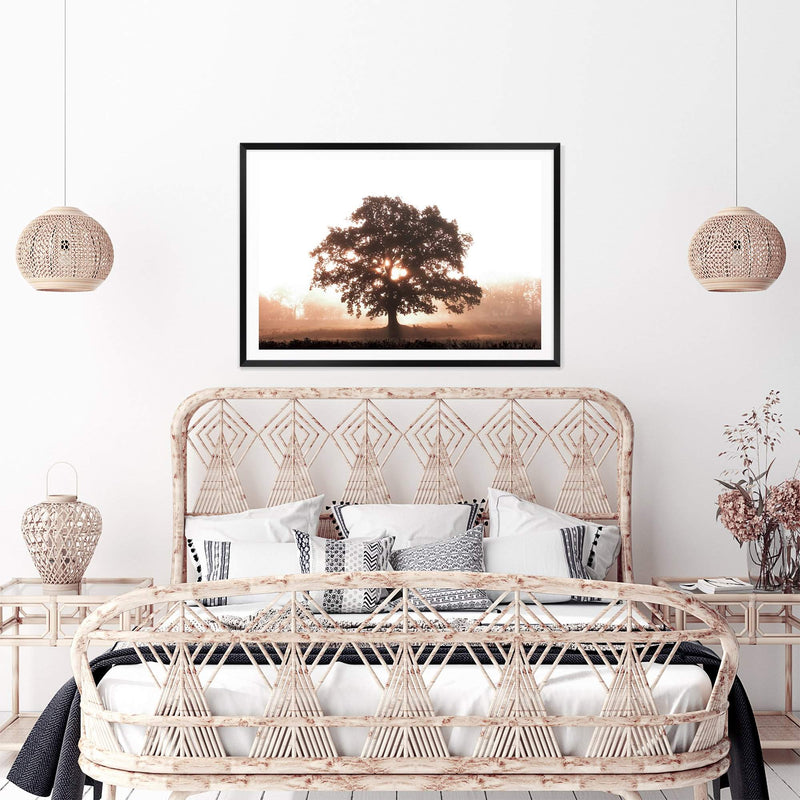 Tree In The Dawn Sunlight-The Paper Tree-beams,farm,landscape,mist,nature,orange,premium art print,sheep,sun,sun beam,sun ray,sun rays,sunlight,TAN,tree,trees,wall art,Wall_Art,Wall_Art_Prints