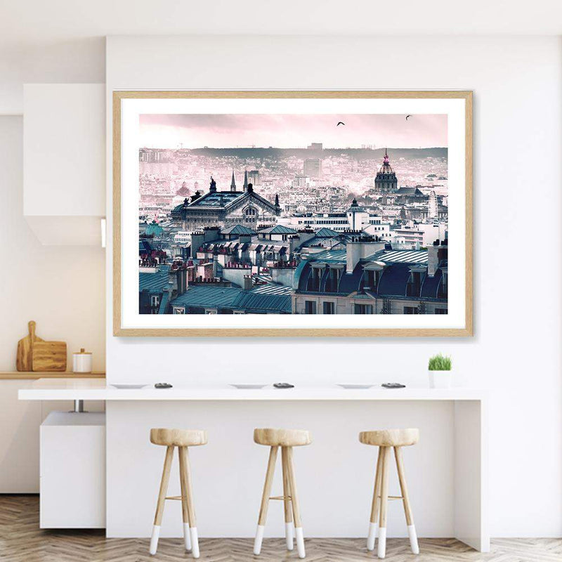 A View Of Paris-The Paper Tree-architectural,architecture,blue,building,city,destination,france,french,landscape,morning,paris,parisian,pink,premium art print,sun,travel,view,wall art,Wall_Art,Wall_Art_Prints