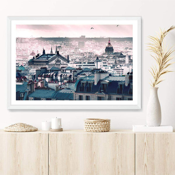 A View Of Paris-The Paper Tree-architectural,architecture,blue,building,city,destination,france,french,landscape,morning,paris,parisian,pink,premium art print,sun,travel,view,wall art,Wall_Art,Wall_Art_Prints