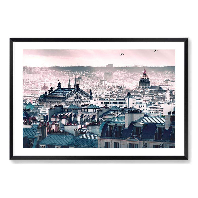 A View Of Paris-The Paper Tree-architectural,architecture,blue,building,city,destination,france,french,landscape,morning,paris,parisian,pink,premium art print,sun,travel,view,wall art,Wall_Art,Wall_Art_Prints