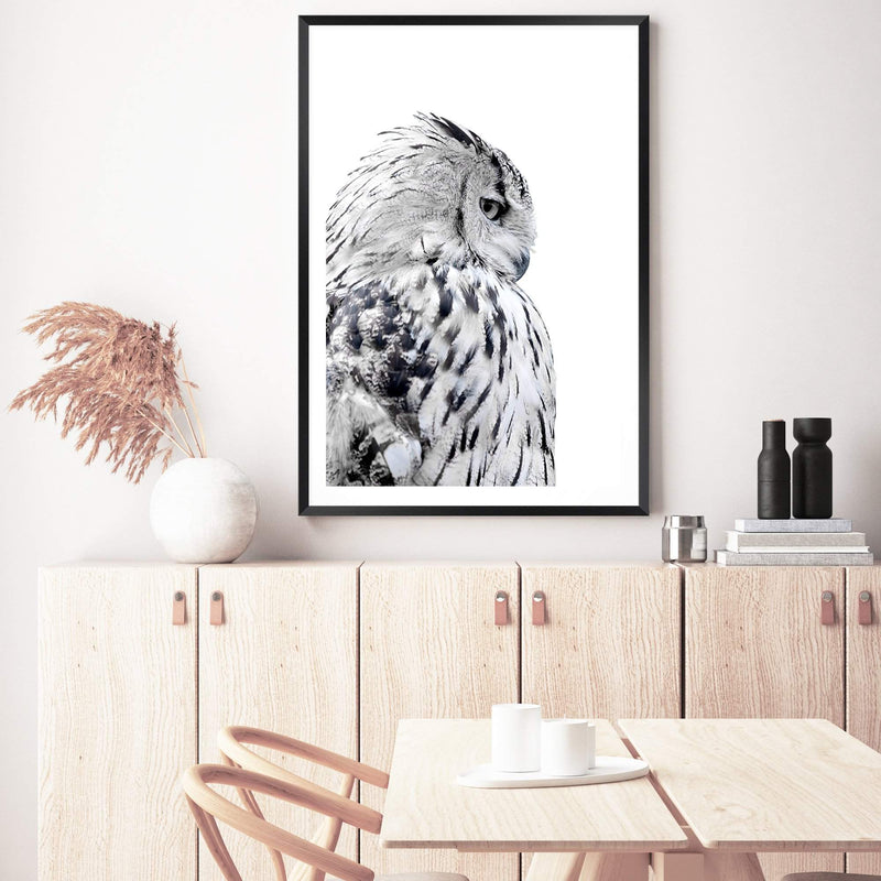 White Owl-The Paper Tree-animal,bird,black & white,black and white,boho,feathers,hamptons,harry potter,hedwig,monochrome,nature,owl,portrait,premium art print,wall art,Wall_Art,Wall_Art_Prints,white