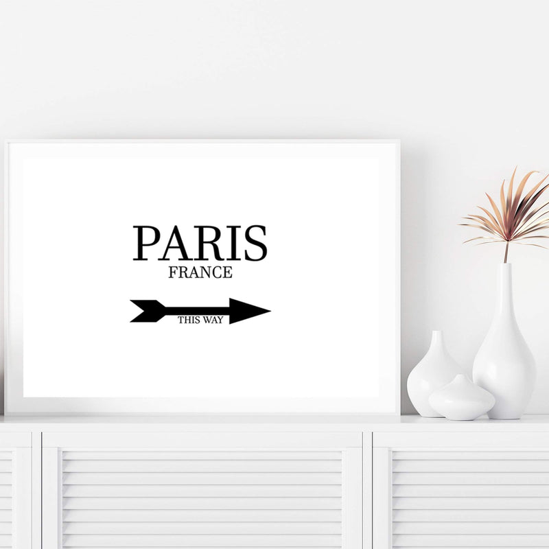 Paris This Way-The Paper Tree-arrow,black & white,black and white,direction,directional,FASHION,france,french,landscape,monochrome,neutral,paris,parisian,premium art print,text,typography,wall art,Wall_Art,Wall_Art_Prints