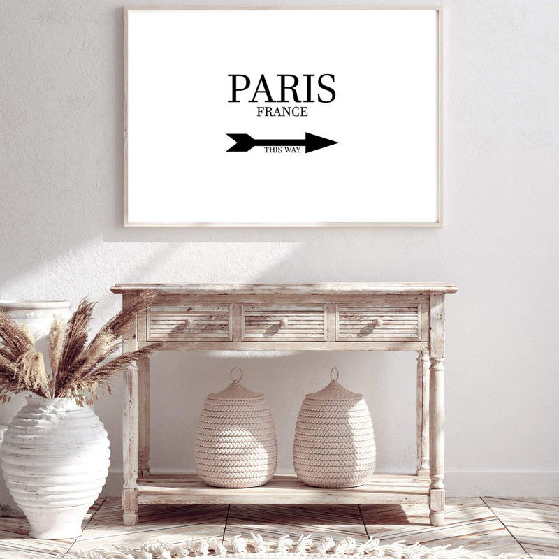 Paris This Way-The Paper Tree-arrow,black & white,black and white,direction,directional,FASHION,france,french,landscape,monochrome,neutral,paris,parisian,premium art print,text,typography,wall art,Wall_Art,Wall_Art_Prints