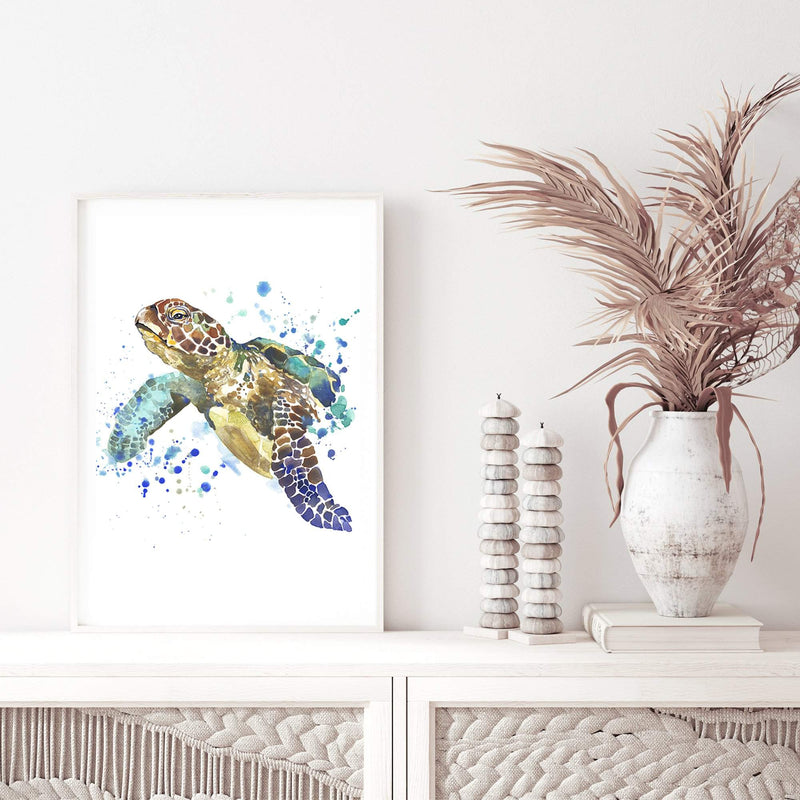 Watercolour Turtle-The Paper Tree-animal,Artwork,blue,coastal,green,hamptons,portrait,premium art print,sea turtle,turtle,wall art,Wall_Art,Wall_Art_Prints,watercolor,Watercolour,watercolour art print,watercolour artwork,watercolour turtle,Watercolour_Animals