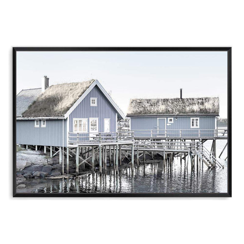 Blue Beach House-The Paper Tree-Art_Prints,Artwork,BEACH,beach cabin,beach house,blue,boat house,Boat shed,boho,coastal,COASTAL ART,Designer,hamptons,landscape,premium art print,travel,wall art,Wall_Art,Wall_Art_Prints