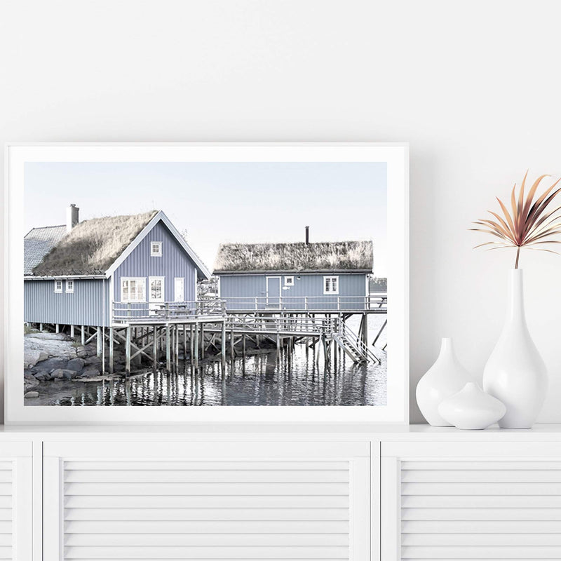 Blue Beach House-The Paper Tree-Art_Prints,Artwork,BEACH,beach cabin,beach house,blue,boat house,Boat shed,boho,coastal,COASTAL ART,Designer,hamptons,landscape,premium art print,travel,wall art,Wall_Art,Wall_Art_Prints