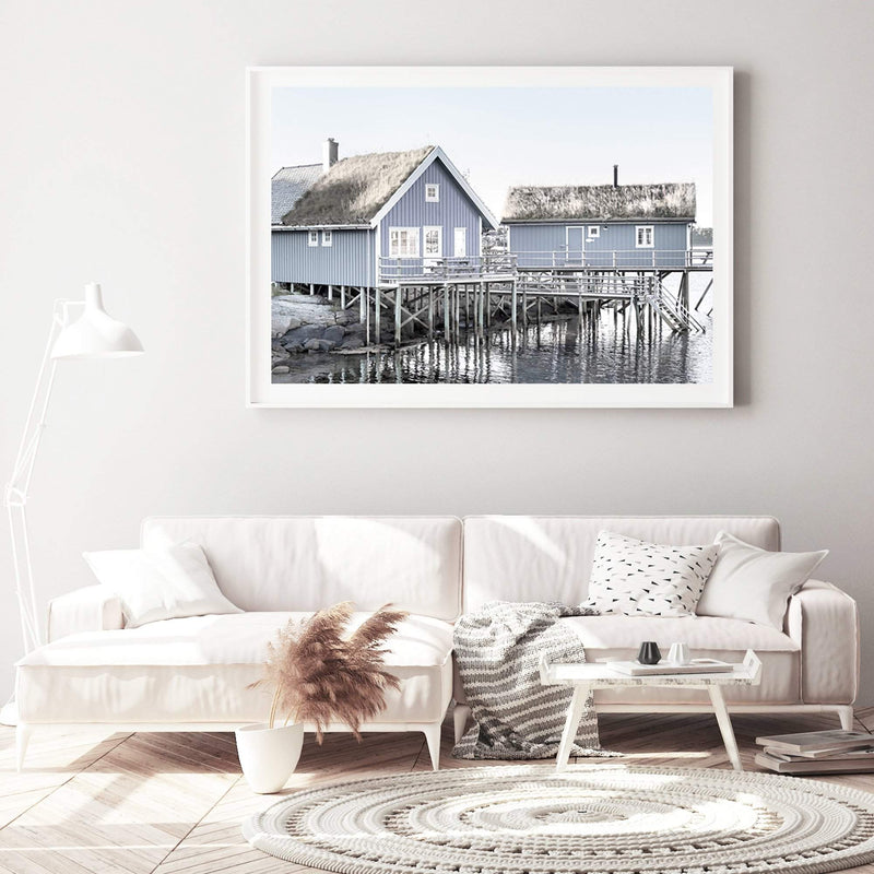 Blue Beach House-The Paper Tree-Art_Prints,Artwork,BEACH,beach cabin,beach house,blue,boat house,Boat shed,boho,coastal,COASTAL ART,Designer,hamptons,landscape,premium art print,travel,wall art,Wall_Art,Wall_Art_Prints