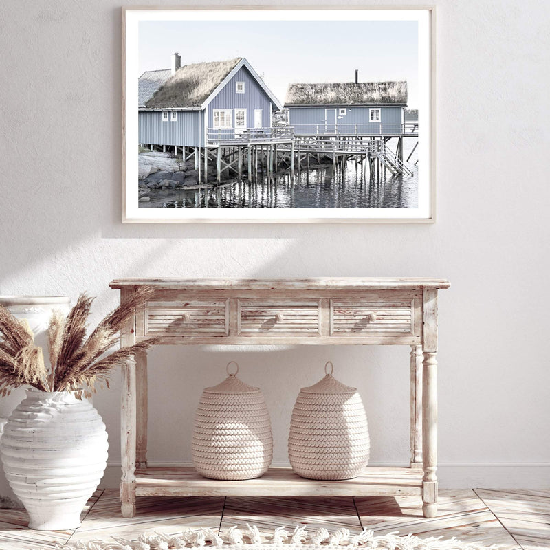 Blue Beach House-The Paper Tree-Art_Prints,Artwork,BEACH,beach cabin,beach house,blue,boat house,Boat shed,boho,coastal,COASTAL ART,Designer,hamptons,landscape,premium art print,travel,wall art,Wall_Art,Wall_Art_Prints