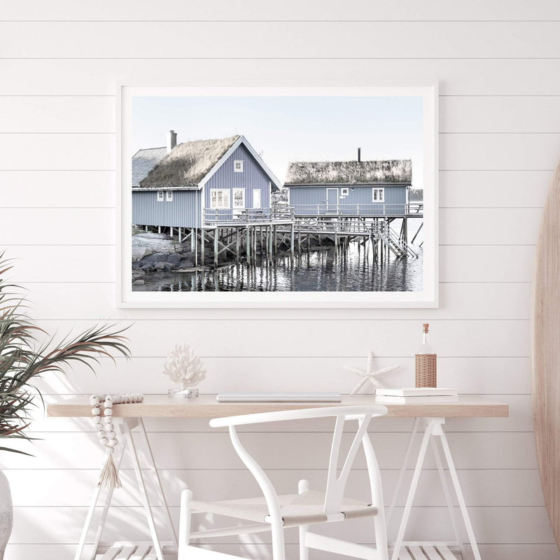 Blue Beach House-The Paper Tree-Art_Prints,Artwork,BEACH,beach cabin,beach house,blue,boat house,Boat shed,boho,coastal,COASTAL ART,Designer,hamptons,landscape,premium art print,travel,wall art,Wall_Art,Wall_Art_Prints