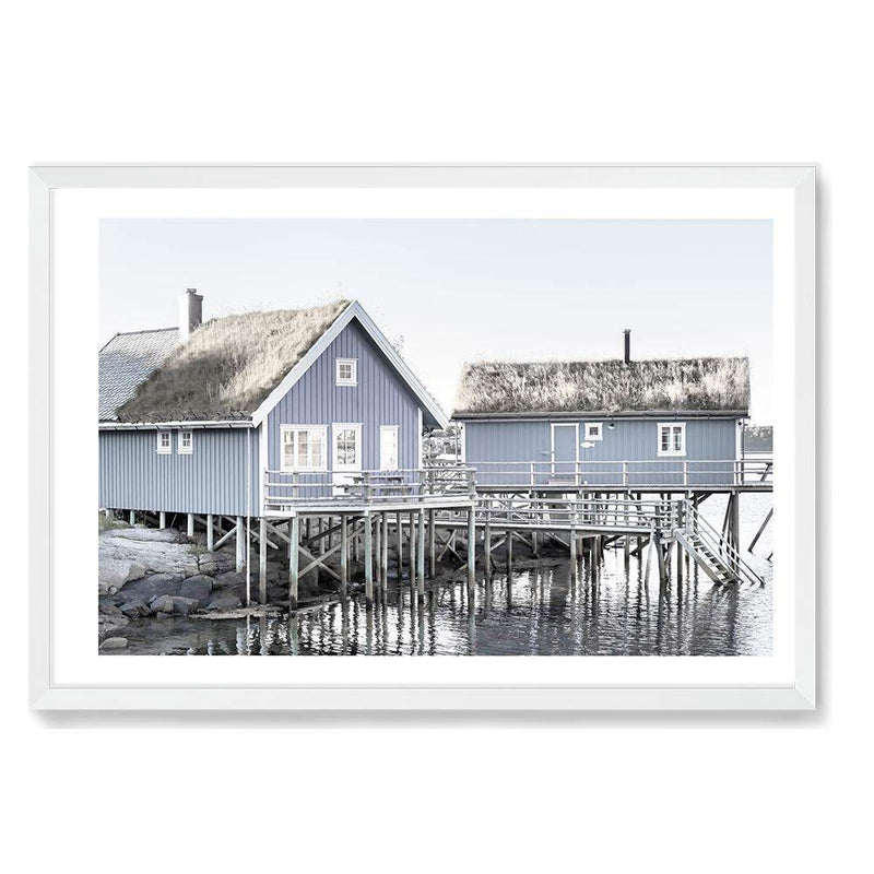 Blue Beach House-The Paper Tree-Art_Prints,Artwork,BEACH,beach cabin,beach house,blue,boat house,Boat shed,boho,coastal,COASTAL ART,Designer,hamptons,landscape,premium art print,travel,wall art,Wall_Art,Wall_Art_Prints