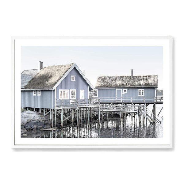 Blue Beach House-The Paper Tree-Art_Prints,Artwork,BEACH,beach cabin,beach house,blue,boat house,Boat shed,boho,coastal,COASTAL ART,Designer,hamptons,landscape,premium art print,travel,wall art,Wall_Art,Wall_Art_Prints