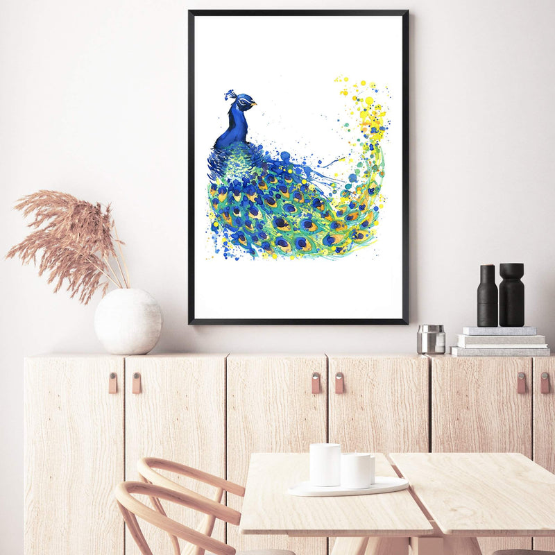 Watercolour Peacock-The Paper Tree-animal,Artwork,bird,blue,green,hamptons,nursery,painted,Painted_Peacock,PEACOCK,portrait,premium art print,wall art,Wall_Art,Wall_Art_Prints,watercolor,watercolour,Watercolour_Birds,Watercolour_Peacock,yellow