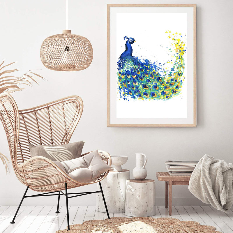 Watercolour Peacock-The Paper Tree-animal,Artwork,bird,blue,green,hamptons,nursery,painted,Painted_Peacock,PEACOCK,portrait,premium art print,wall art,Wall_Art,Wall_Art_Prints,watercolor,watercolour,Watercolour_Birds,Watercolour_Peacock,yellow