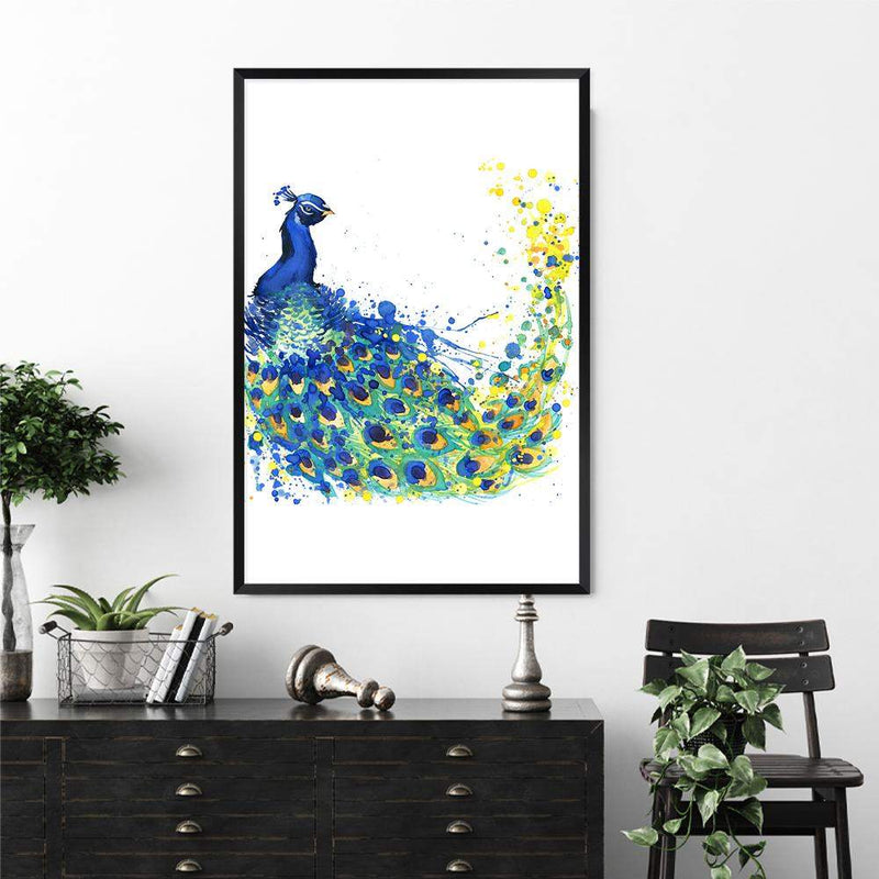 Watercolour Peacock-The Paper Tree-animal,Artwork,bird,blue,green,hamptons,nursery,painted,Painted_Peacock,PEACOCK,portrait,premium art print,wall art,Wall_Art,Wall_Art_Prints,watercolor,watercolour,Watercolour_Birds,Watercolour_Peacock,yellow