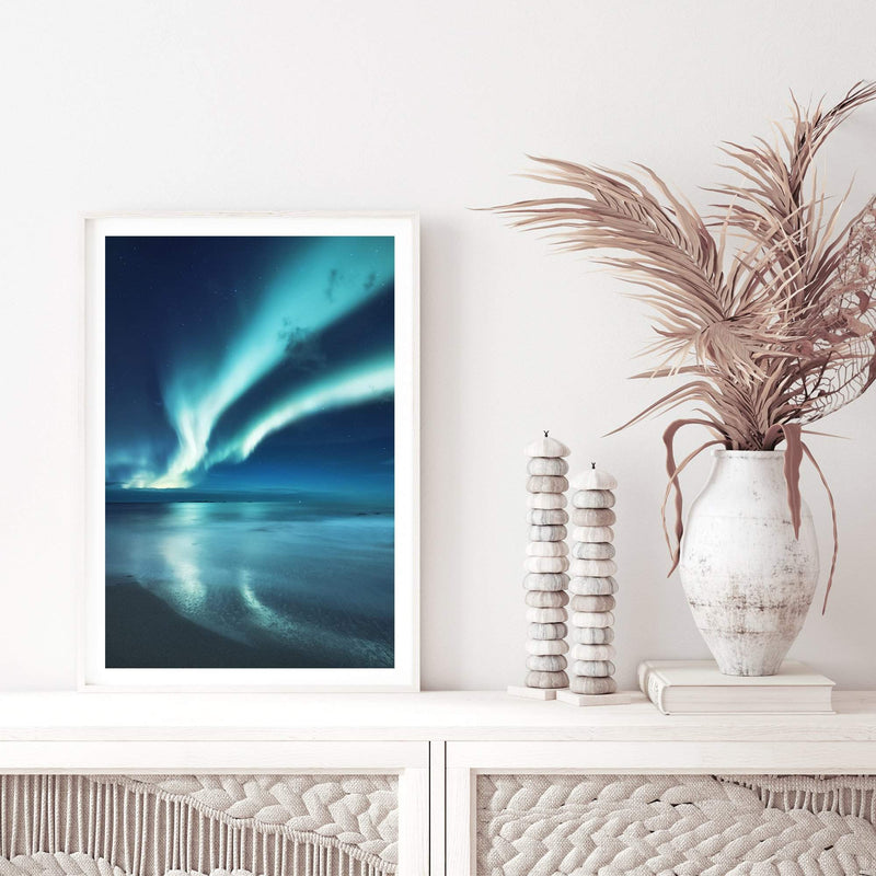 Aurora Reflections | Northern Lights-The Paper Tree-alaska,america,aurora,beach,blue,clear water,evironment,green,lights,nature,night,night sky,northern lights,ocean,polar,polar lights,portrait,premium art print,reflective,relection,scenery,sky,teal,wall art,Wall_Art,Wall_Art_Prints,water