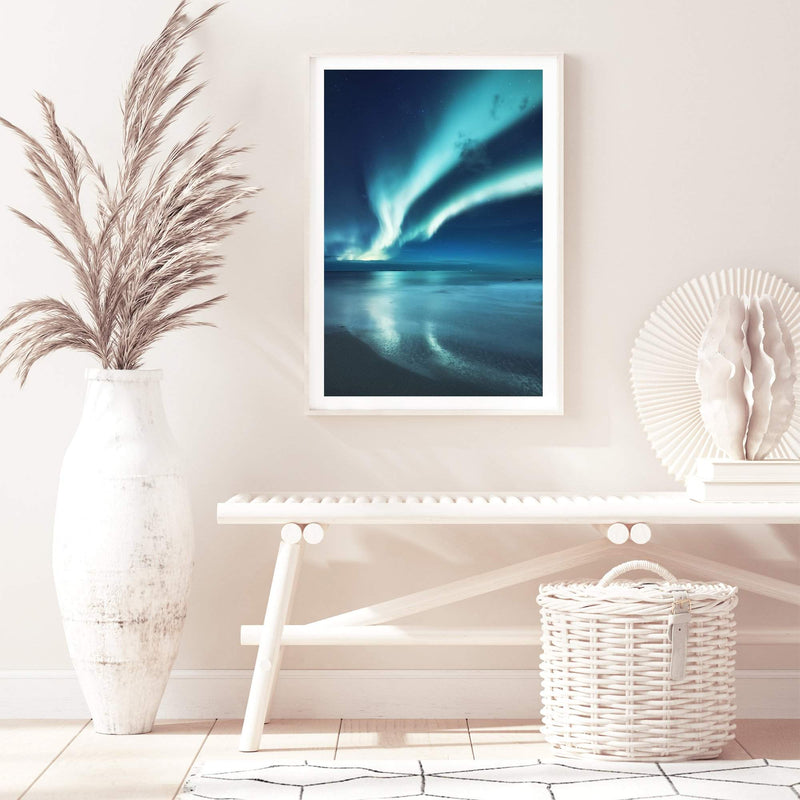 Aurora Reflections | Northern Lights-The Paper Tree-alaska,america,aurora,beach,blue,clear water,evironment,green,lights,nature,night,night sky,northern lights,ocean,polar,polar lights,portrait,premium art print,reflective,relection,scenery,sky,teal,wall art,Wall_Art,Wall_Art_Prints,water