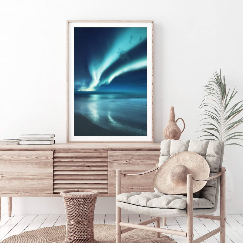 Aurora Reflections | Northern Lights-The Paper Tree-alaska,america,aurora,beach,blue,clear water,evironment,green,lights,nature,night,night sky,northern lights,ocean,polar,polar lights,portrait,premium art print,reflective,relection,scenery,sky,teal,wall art,Wall_Art,Wall_Art_Prints,water