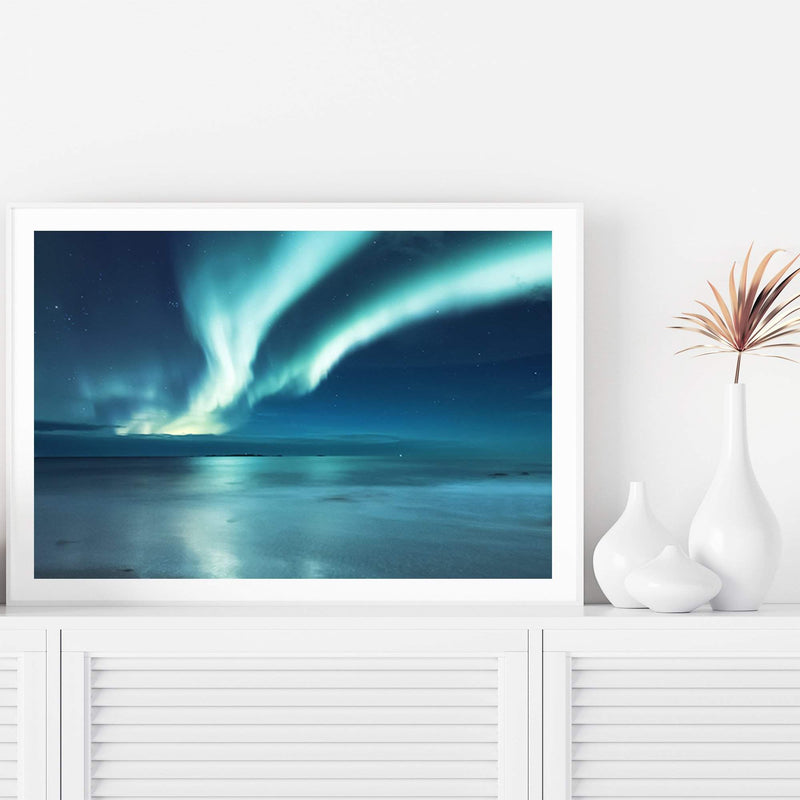 Aurora Lights | Northern Lights-The Paper Tree-alaska,america,aurora,beach,blue,clear water,evironment,green,landscape,lights,nature,night,night sky,northern lights,ocean,polar,polar lights,premium art print,reflective,relection,scenery,sky,teal,wall art,Wall_Art,Wall_Art_Prints,water