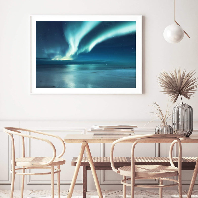 Aurora Lights | Northern Lights-The Paper Tree-alaska,america,aurora,beach,blue,clear water,evironment,green,landscape,lights,nature,night,night sky,northern lights,ocean,polar,polar lights,premium art print,reflective,relection,scenery,sky,teal,wall art,Wall_Art,Wall_Art_Prints,water