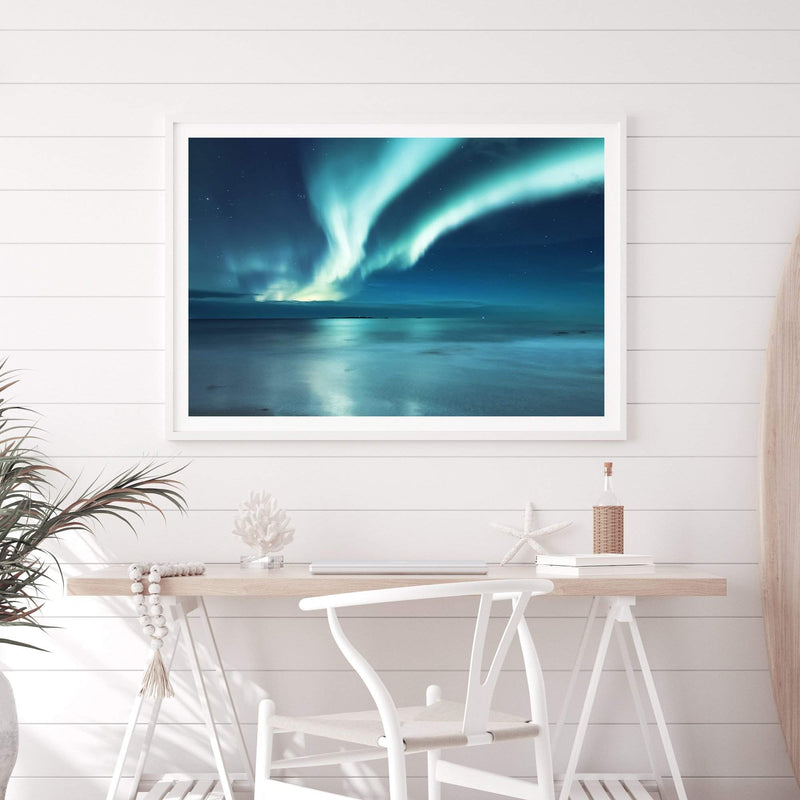 Aurora Lights | Northern Lights-The Paper Tree-alaska,america,aurora,beach,blue,clear water,evironment,green,landscape,lights,nature,night,night sky,northern lights,ocean,polar,polar lights,premium art print,reflective,relection,scenery,sky,teal,wall art,Wall_Art,Wall_Art_Prints,water