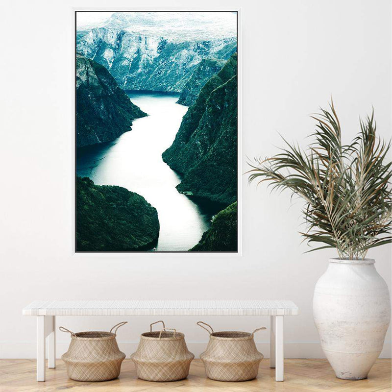 Scandi Mountain River-The Paper Tree-BLUE,evironment,green,lake,mountain,MOUNTAIN RIVER,nature,portrait,premium art print,reflective,RIVER,SCANDI,scenery,STREAM,teal,travel,wall art,Wall_Art,Wall_Art_Prints,water