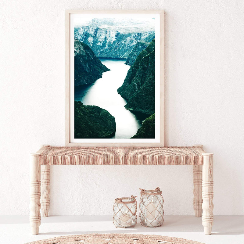 Scandi Mountain River-The Paper Tree-BLUE,evironment,green,lake,mountain,MOUNTAIN RIVER,nature,portrait,premium art print,reflective,RIVER,SCANDI,scenery,STREAM,teal,travel,wall art,Wall_Art,Wall_Art_Prints,water