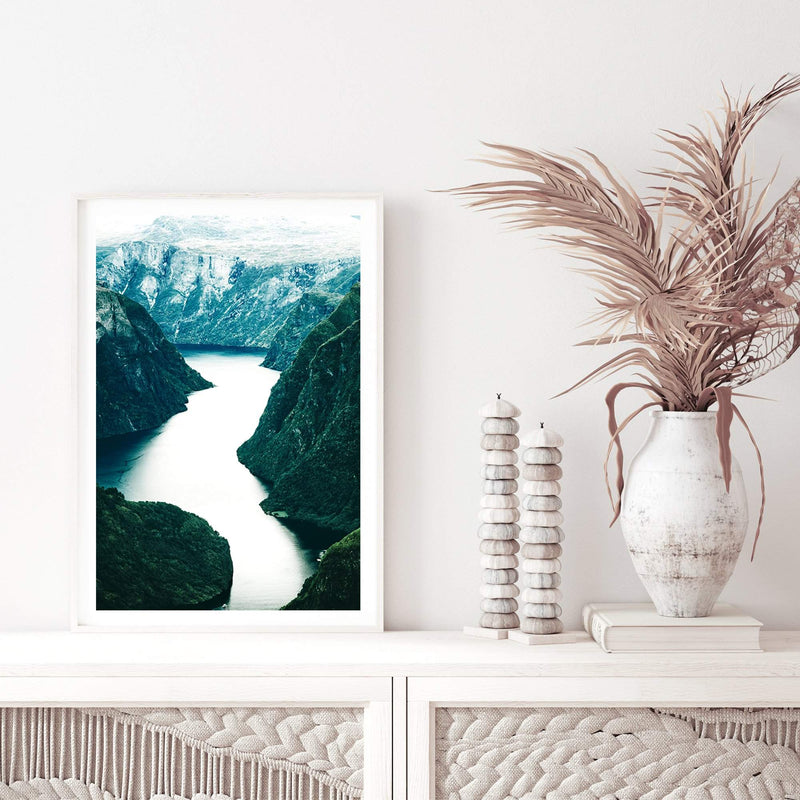 Scandi Mountain River-The Paper Tree-BLUE,evironment,green,lake,mountain,MOUNTAIN RIVER,nature,portrait,premium art print,reflective,RIVER,SCANDI,scenery,STREAM,teal,travel,wall art,Wall_Art,Wall_Art_Prints,water