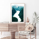 Scandi Mountain River-The Paper Tree-BLUE,evironment,green,lake,mountain,MOUNTAIN RIVER,nature,portrait,premium art print,reflective,RIVER,SCANDI,scenery,STREAM,teal,travel,wall art,Wall_Art,Wall_Art_Prints,water