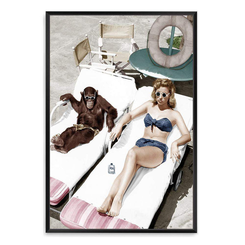 Vintage Sunbathers-The Paper Tree-america,Artwork,blue,boho,chimp,chimpanzee,fashion,feature art,feature female,female,green,hamptons,miami,monkey,palm springs,pink,portrait,premium art print,retro,retro wall art,sunbake,sunbaker,sunbathing,Vintage,Vintage Artwork,wall art,Wall_Art,Wall_Art_Prints,woman